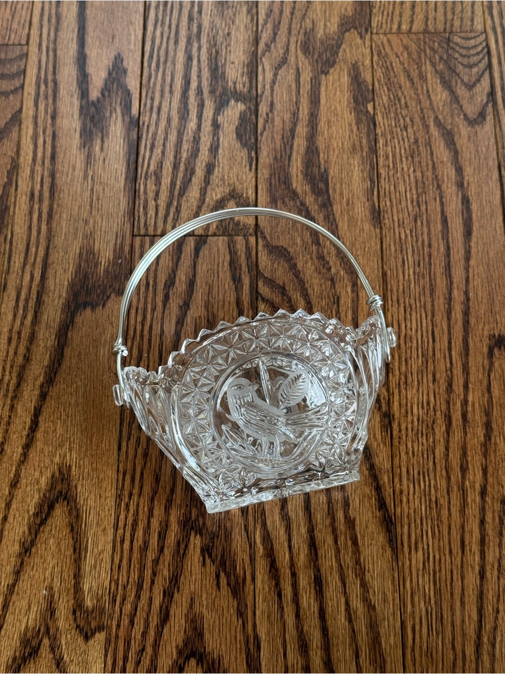 Pressed Glass Bird Basket with Silver-Tone Handle